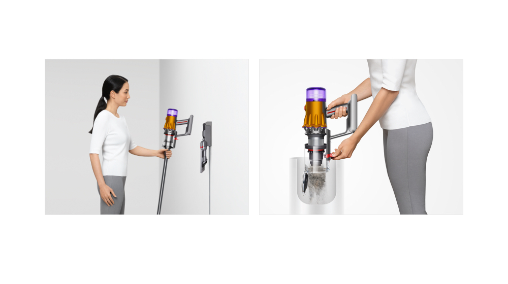 Woman placing Dyson vacuum into the wall dock / Woman emptying Dyson vacuum into the bin