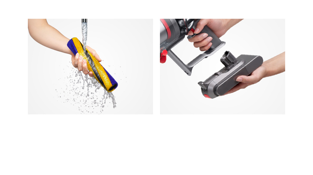 Dyson removable parts being washed in water / Woman attaching a Click-in battery
