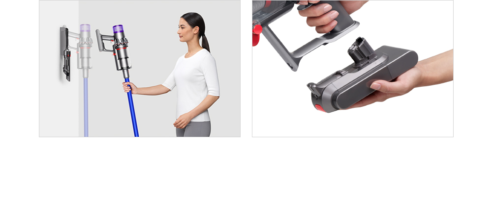 Woman placing Dyson V11™ vacuum into wall charging dock & The Dyson V11™ vacuum's click-in battery pack