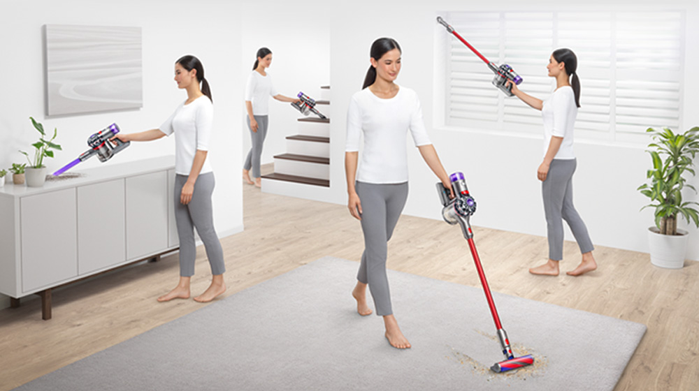 The Dyson V8 Slim being used to clean all around the home
